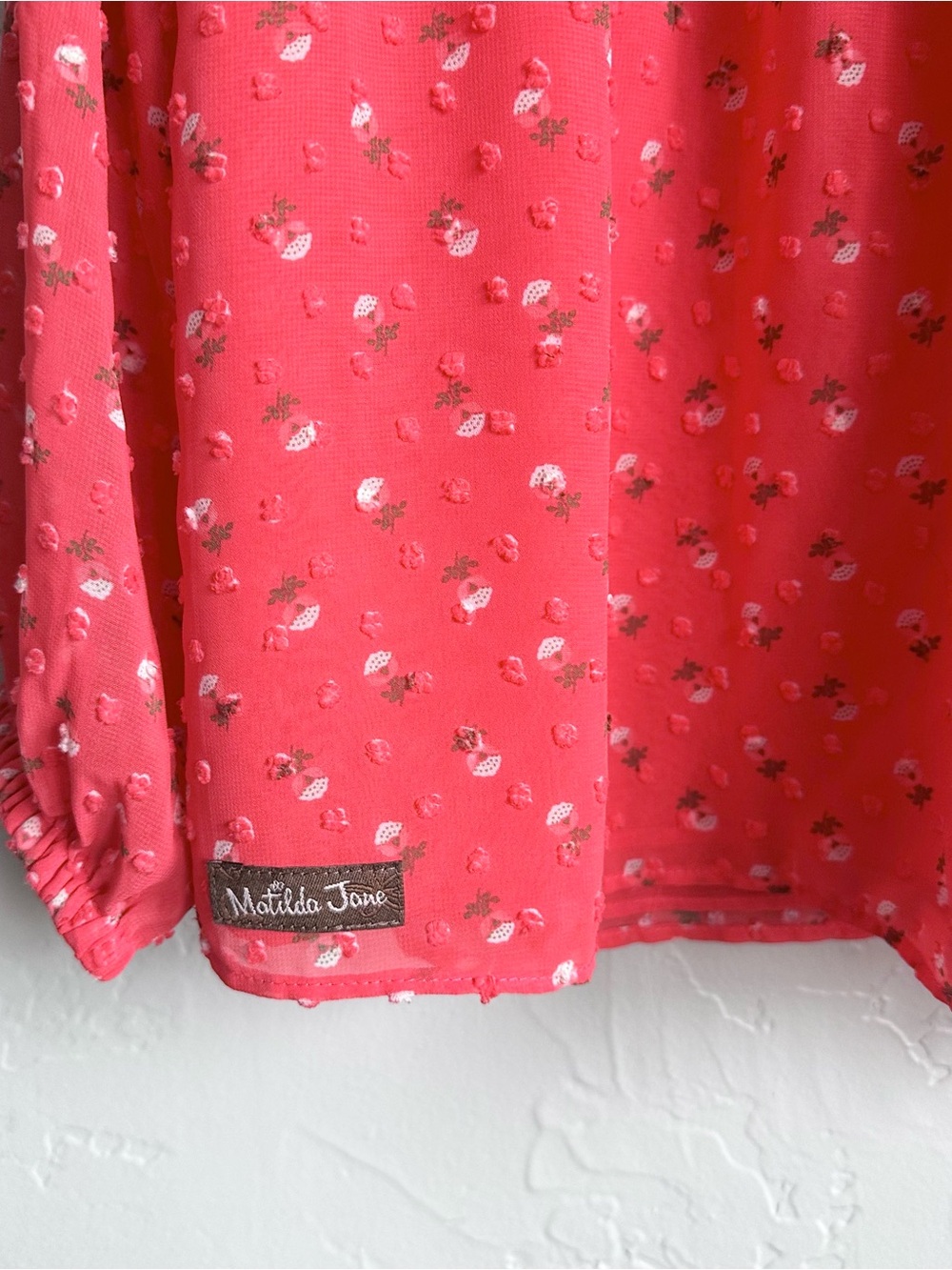 Matilda Jane Women's Coral Pink Floral Swiss Dot V-Neck Peplum Blouse Medium EUC - Picture 5 of 6